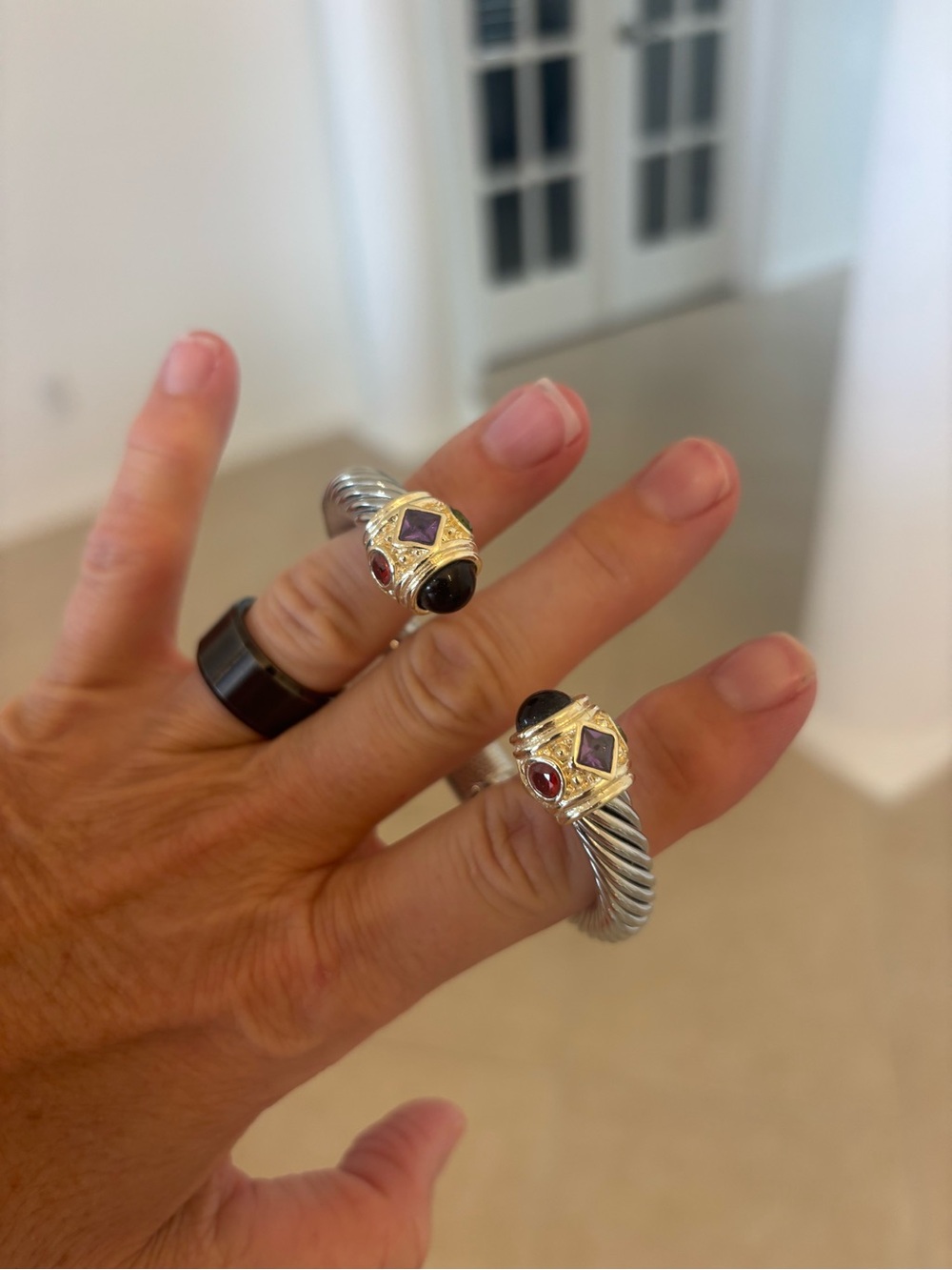 Two-Tone Cable Open Ring with Black and Purple Gem Accents